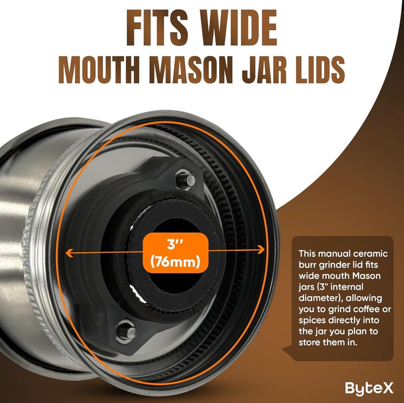 ByteX Stainless Steel Coffee Grinder Lid Attachment for Regular Mouth Mason Jars - Manual Crank Burr Grinder for Fresh Coffee, Ideal for Camping, Home Barista, Rust Proof Ceramic Mechanism (Wide) - Image 3